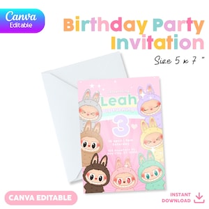 Faire-part d'anniversaire en toile | Modèle modifiable | 5 x 7" | Téléchargement instantané | Labubu - Labubus | Invitation Labubu | LS-02