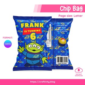 Toy Story Alien Chip Bag Template Editable Canva | Pizza Planet Favor Printable | Little Green Men Birthday Party Wrapper | Digital Download