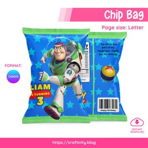 Plantilla editable para bolsa de papas fritas de Buzz Lightyear en Canva / Imprimible para obsequio de fiesta de Toy Story / Etiqueta digital de Pizza Planet / Cumpleaños de Guardián Espacial imagen 1