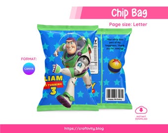 Plantilla editable para bolsa de papas fritas de Buzz Lightyear en Canva / Imprimible para obsequio de fiesta de Toy Story / Etiqueta digital de Pizza Planet / Cumpleaños de Guardián Espacial