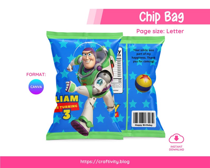 Plantilla editable para bolsa de papas fritas de Buzz Lightyear en Canva / Imprimible para obsequio de fiesta de Toy Story / Etiqueta digital de Pizza Planet / Cumpleaños de Guardián Espacial imagen 1