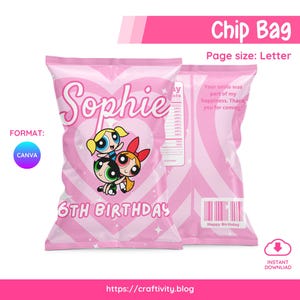 Powerpuff Girls Chip Bag Template Editable Canva | Printable Party Favor Digital Download | Birthday Treat Wrapper