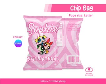 Plantilla editable para bolsa de papas fritas de Las Chicas Superpoderosas en Canva / Descarga digital imprimible para obsequios de fiesta / Envoltorio para dulces de cumpleaños