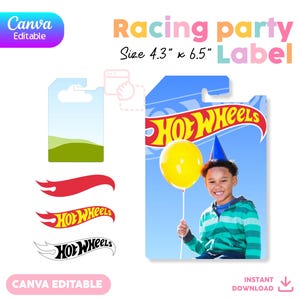 Etiqueta de Festa de Corrida | Editável em Canva + SVG | Hot Wheels