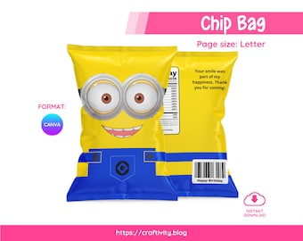 Plantilla editable para bolsas de patatas fritas de los Minions en Canva / Imprimible para fiestas de Mi Villano Favorito / Envoltorio para bolsas de dulces de cumpleaños infantiles / Descarga digital