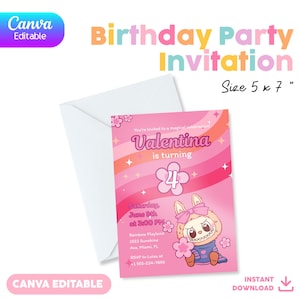 Birthday Invitation Canva | Editable Template | 5x7&quot; | Instant Download | Labubu - Labubus | Labubu Invitation