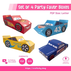 Set of 4 Party Boxes Cars | PDF & SVG | 10x10x23 cm | Party Favor Box | crs-01, crs-02, crs-03