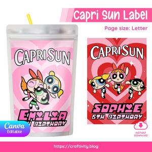 Powerpuff Girls Capri Sun Label bearbeitbare Leinwand | 90er Jahre Cartoon Juice Pouch Favor Printable | Blossom Bubbles Butterblume Geburtstag