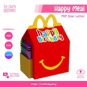 Plantilla de caja de Happy Meal (archivo SVG/PDF para corte) / Caja de obsequios para comida infantil (descarga instantánea) / Caja de dulces para fiestas de cumpleaños (compatible con Cricut)