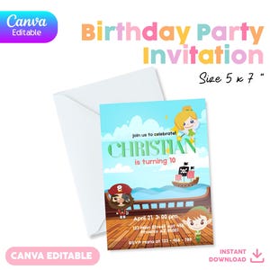 Birthday Invitation Canva | Editable Template | 5x7&quot; | Instant Download | Peter Pan