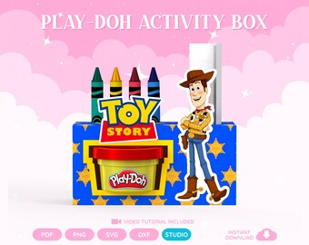 May include: A blue rectangular Play-Doh activity box featuring a Toy Story logo, a yellow Play-Doh container, and a graphic of the character Woody. The box includes four crayons in green, yellow, red, and blue, and a white cylindrical insert.