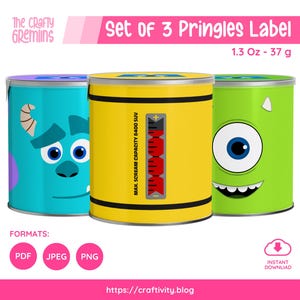 Pacote de modelos de rótulos para Pringles Monstros S.A. | Rótulo para lata de Sulley e Mike Scream | Conjunto de lembrancinhas digitais editáveis de 37g