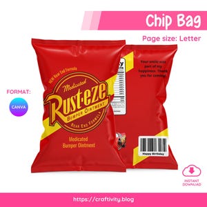 Rust-eze Chip Bag Template Editable Canva | Cars Movie Birthday Party Favor Printable | Lightning McQueen Snack Label Digital Download image 1