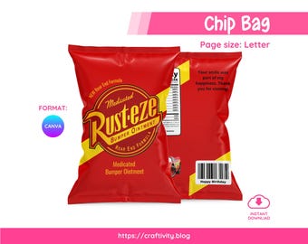 Plantilla editable para bolsas de patatas fritas Rust-eze en Canva / Regalo imprimible para fiesta de cumpleaños de la película Cars / Etiqueta digital para snacks de Rayo McQueen