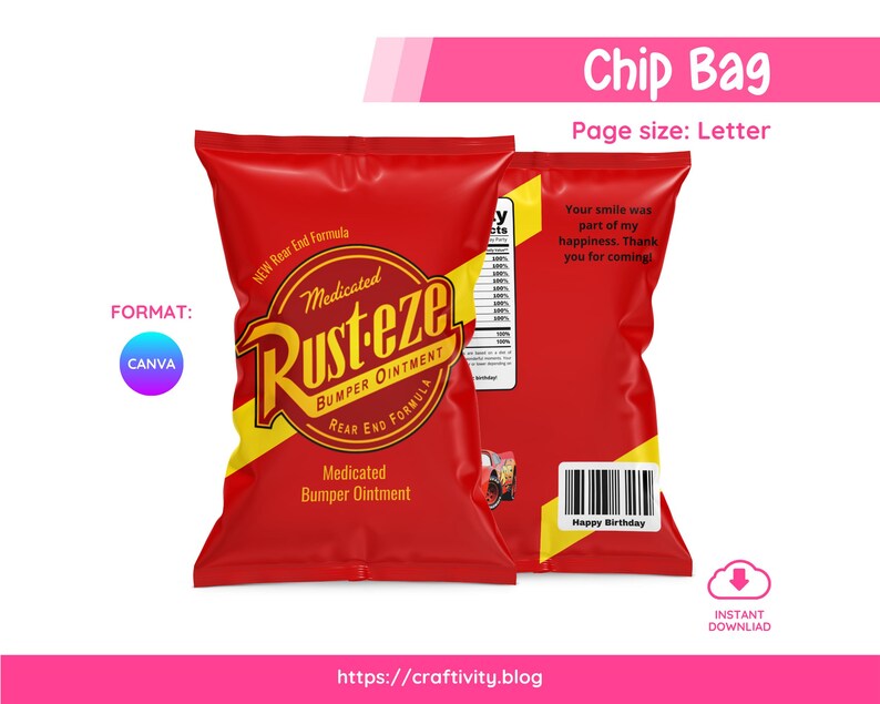 Rust-eze Chip Bag Template Editable Canva | Cars Movie Birthday Party Favor Printable | Lightning McQueen Snack Label Digital Download image 1