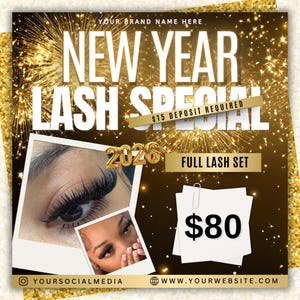 Puede incluir: Un gráfico promocional para una oferta especial de pestañas. El diseño presenta el texto "NEW YEAR LASH SPECIAL" en letras blancas grandes sobre un fondo oscuro con detalles dorados. Incluye imágenes de pestañas y el texto "FULL LASH SET".