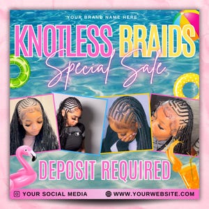 Flyer speciale uitverkoop knooploze vlechten, speciale zomerflyer vlechten, flyer zomerseizoen, flyer knooploze vlechten, flyer vlechten prijslijst, canvas