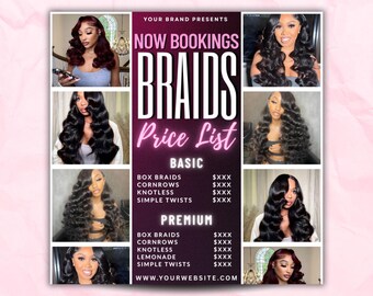 Braids price list flyer, Braids flyer, Braids special sale flyer, Braids special deal flyer, Braiding, Braids flash sale, Braids price chart
