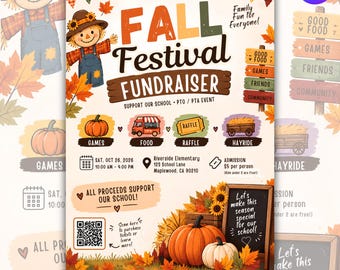 Fall Festival Fundraiser Flyer Template, Editable Canva School Fall Festival, PTO PTA Autumn Event Poster, Fall Carnival Flyer