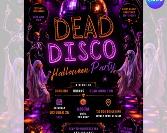 Dead Disco Halloween Invitation, Disco Halloween Party, Skeleton Costume Party, Editable Canva Template, Adult Halloween Evite