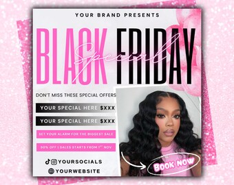 Puede incluir: Un gráfico promocional del Black Friday con texto rosa y negro. Las palabras "Black Friday Special" se muestran de forma destacada. La imagen incluye una foto de una mujer y llamadas a la acción como "Book Now". También se incluyen las redes sociales.