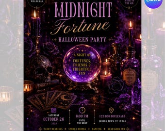 Midnight Fortune Halloween Invitation, Tarot Witch Party Invite, Fortune Teller Halloween Party, Editable Canva Template, Gothic Evite