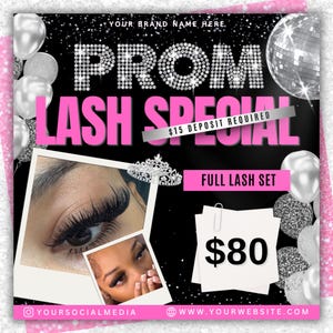 Op de afbeelding: Promotie voor wimperspecial voor het schoolbal. De afbeelding toont de tekst "PROMO LASH SPECIAL" in roze en wit, met een foto van een oog met lange wimpers. De prijs is €80. Zilveren ballonnen en een discobal zijn ook inbegrepen.