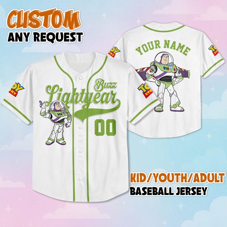 May include: White baseball jersey with green accents and Buzz Lightyear graphics. The front features "Buzz Lightyear" and the number "00". The back has "YOUR NAME" and a Buzz Lightyear image. Text on the top says "CUSTOM ANY REQUEST".