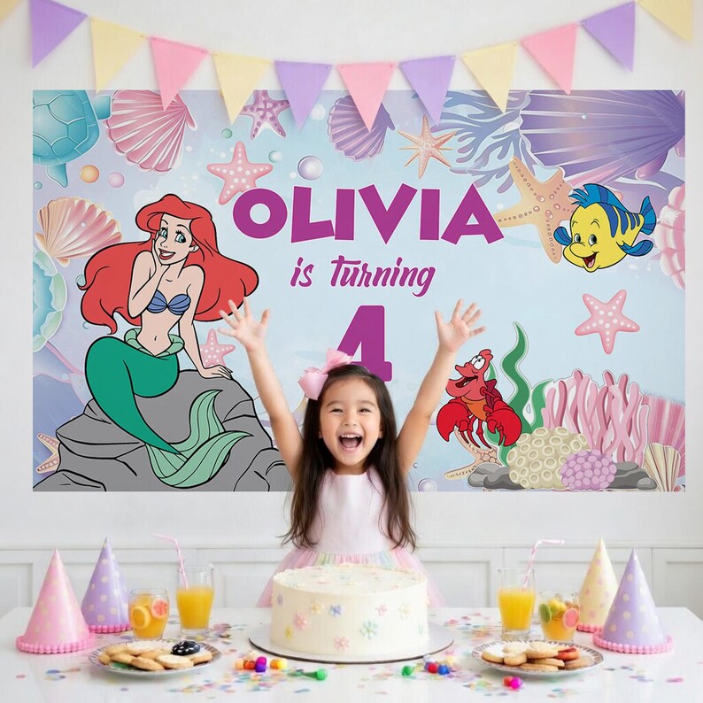 May include: A rectangular party backdrop featuring a light blue underwater scene with a mermaid, a yellow fish, a red crab, seashells, and starfish. The text reads OLIVIA is turning 4 in purple letters. A colorful triangular bunting hangs above.