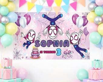 Benutzerdefinierte Ghost Spider Banner Hintergrund, Spiderman Banner, Spidey Geburtstagsfeier, Dessert Tisch Kulisse, Hintergrund Geschenk