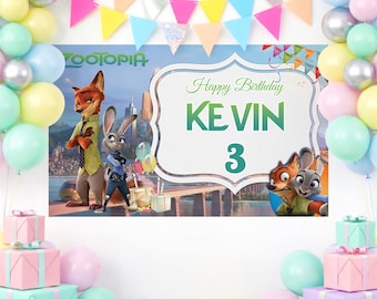 Zootropolis födelsedagsbanderoll, Judy Hopps och Nick Wilde-banderoll, Zootropolis festdekorationer, namn- och åldersbanderoll för barnfödelsedag