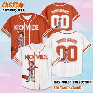 May include: A collection of baseball jerseys featuring Nick Wilde from Zootopia. The shirts come in orange or white with button-front closures, striped sleeves, and the character printed on the front. The back displays the text YOUR NAME and 00.