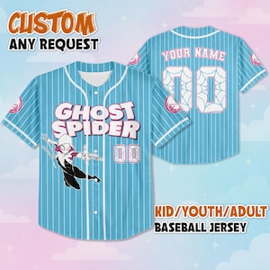 May include: Light blue baseball jersey with white pinstripes, featuring "GHOST SPIDER" text and a character graphic. The jersey has the number "00" and the text "YOUR NAME" on the back. The text "CUSTOM ANY REQUEST" is at the top.