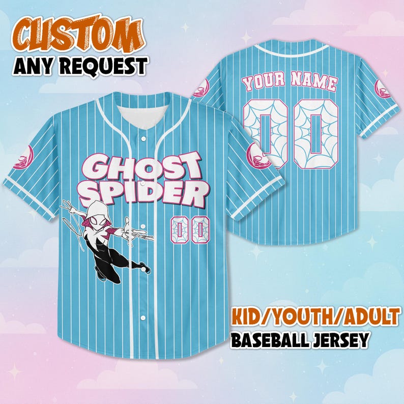 May include: Light blue baseball jersey with white pinstripes, featuring "GHOST SPIDER" text and a character graphic. The jersey has the number "00" and the text "YOUR NAME" on the back. The text "CUSTOM ANY REQUEST" is at the top.