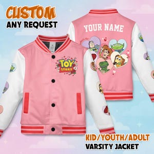 Chaqueta universitaria personalizada de Toy Story para San Valentín, chaqueta de béisbol de Disney para San Valentín, chaqueta universitaria para niños, jóvenes y adultos.