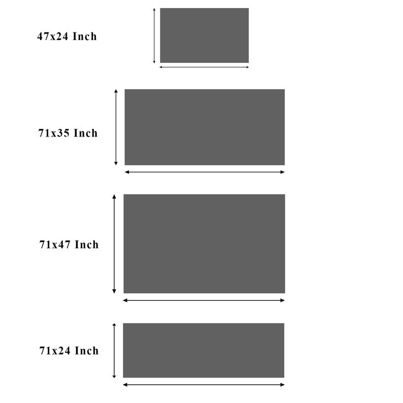 K&ouml;nnte beinhalten: Bild mit vier rechteckigen grauen Formen mit Abmessungen in Zoll. Die Gr&ouml;&szlig;en sind 47x24 Zoll, 71x35 Zoll, 71x47 Zoll und 71x24 Zoll. Das Bild ist eine visuelle Anleitung zur Produktgr&ouml;&szlig;e, mit Messungen in cm.
