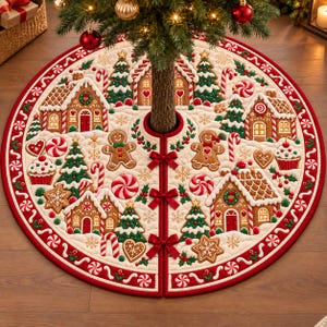 May include: A circular quilted Christmas tree skirt featuring a gingerbread village theme with gingerbread houses, gingerbread people, candy canes, peppermint swirls, and evergreen trees on a cream background with a red border and bows.