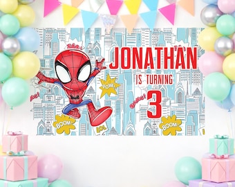 Spidey Geburtstagsbanner, Spiderman Banner, Spidey Geburtstagsparty, Dessert Tisch Kulisse, Candy Bar Hintergrund Geschenk