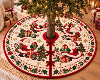 May include: A round, quilted Christmas tree skirt featuring a cream-colored base with red trim and three red ribbon ties. The design includes repeating illustrations of Santa Claus carrying gift boxes, surrounded by pine trees, holly, and gold snowflakes.