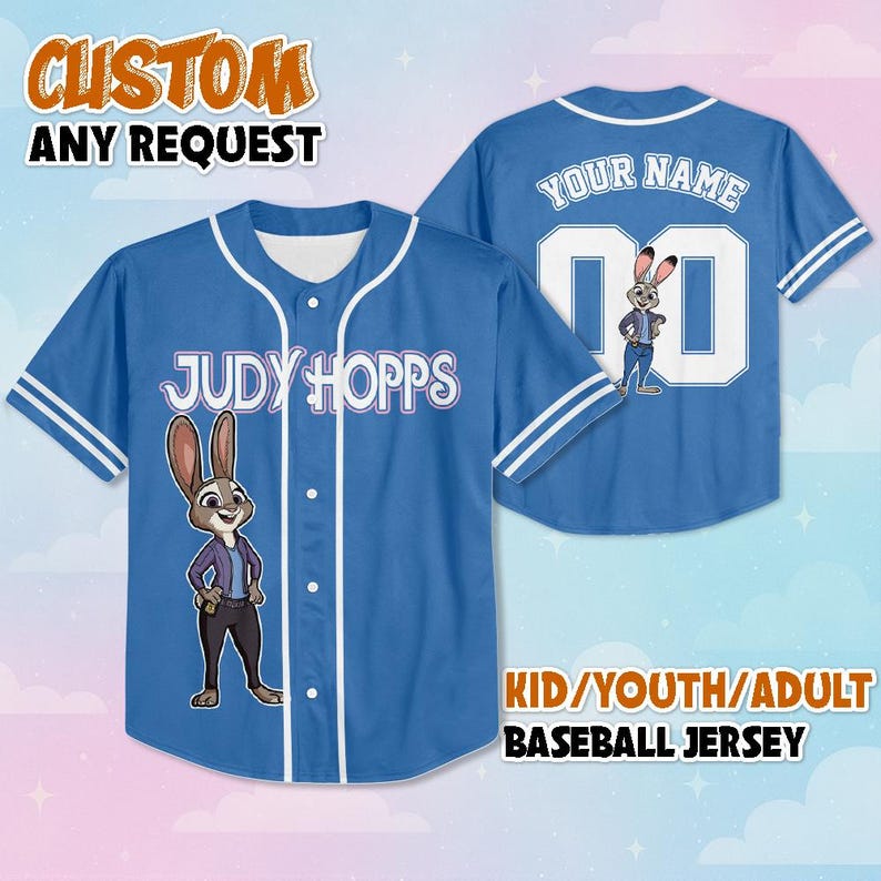May include: A blue button-up baseball jersey featuring a graphic of the character Judy Hopps on the front with her name printed above. The back displays the text YOUR NAME above the number 00 and another graphic of the same character.