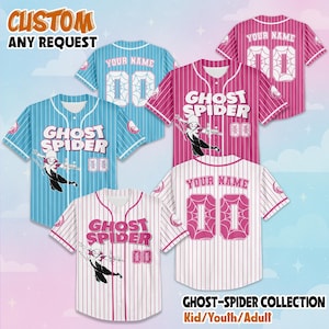 May include: Baseball jerseys in blue, pink, and white with the words "Ghost Spider" and "Your Name" printed on them. Each jersey features a spider-web design and the number "00". The image includes the text "Custom Any Request" and "Ghost-Spider Collection Kid/Youth/Adult".