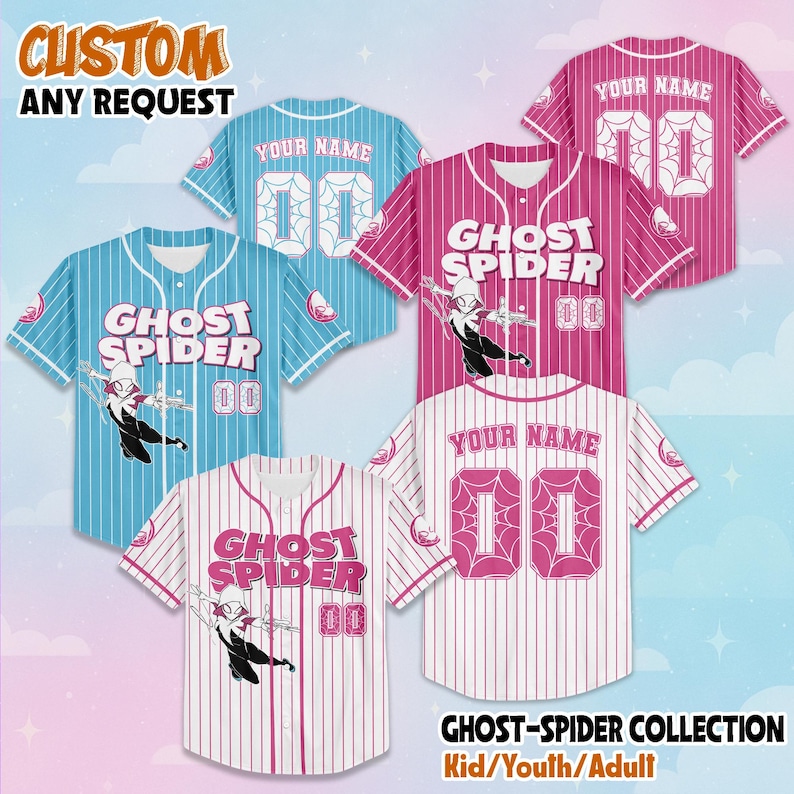 May include: Baseball jerseys in blue, pink, and white with the words "Ghost Spider" and "Your Name" printed on them. Each jersey features a spider-web design and the number "00". The image includes the text "Custom Any Request" and "Ghost-Spider Collection Kid/Youth/Adult".