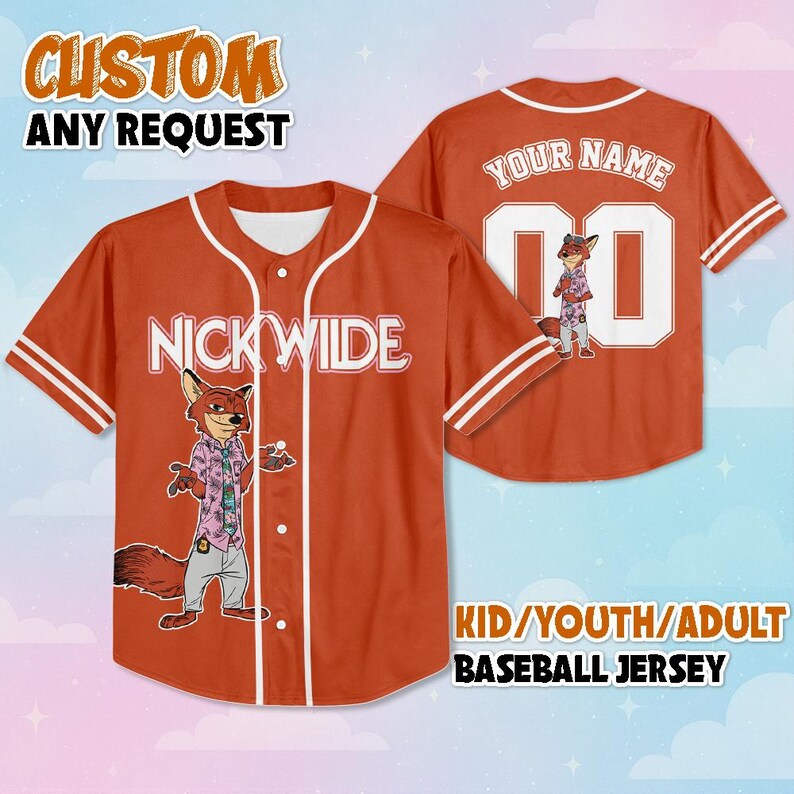 May include: An orange baseball jersey featuring a graphic of the character Nick Wilde on the front with the text NICK WILDE. The back displays the text YOUR NAME above the number 00 and a smaller graphic of the same character in a floral shirt.