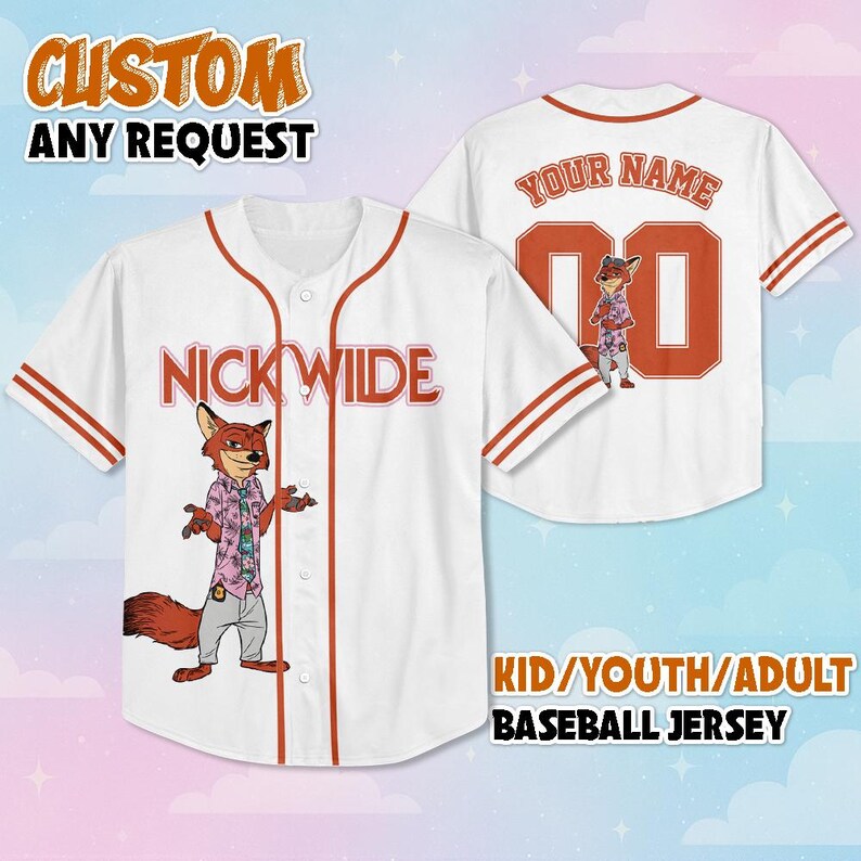 May include: A white baseball jersey with orange trim featuring a graphic of the character Nick Wilde on the front, the text NICK WILDE, and the back displaying the text YOUR NAME above the number 00 with a smaller graphic of the same character.