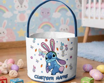 Stitch Bunny Easter Basket, Personalized Disney Stitch Easter Egg Basket, Stitch and Lilo Kids Name Basket, Disney Easter Egg Basket