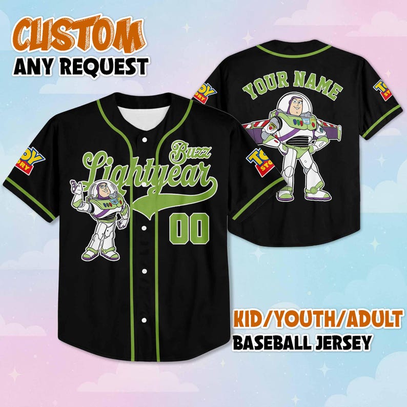 May include: Black baseball jersey with green accents featuring Buzz Lightyear graphics. The front displays "Buzz Lightyear" and the number "00". The back has "YOUR NAME" and a Buzz Lightyear image. Text at the top says "CUSTOM ANY REQUEST" and at the bottom "KID/YOUTH/ADULT BASEBALL JERSEY".