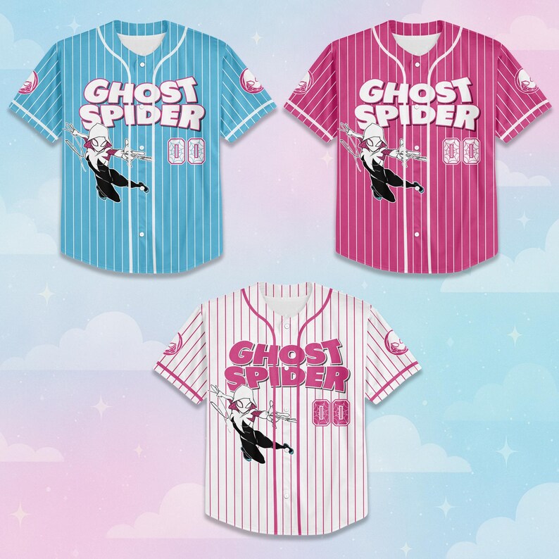May include: Three baseball jerseys in blue, pink, and white, each with vertical stripes. The jerseys feature the text "GHOST SPIDER" and a graphic of a superhero. Each jersey has the number "00" on the front.