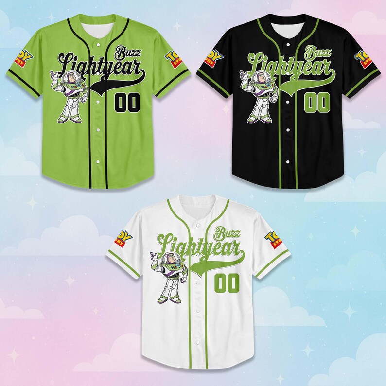 May include: Three baseball jerseys in green, black, and white, each featuring a Buzz Lightyear graphic and the text "Buzz Lightyear" in a stylized font. The number "00" is displayed on the front of each jersey.
