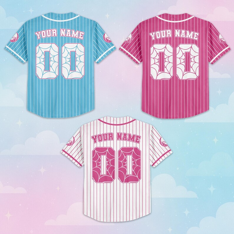 May include: Three baseball jerseys in blue, pink, and white, each with vertical stripes. The jerseys display "YOUR NAME" above the number "00" in a stylized font. Each jersey has a spiderweb design on the number.