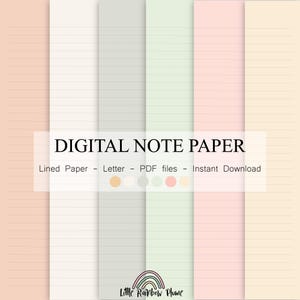 Puede incluir: Papel digital para notas en cinco colores: melocotón, blanco, gris, verde y crema. El papel está rayado y tiene un formato de tamaño carta. El texto de la imagen dice "Papel digital para notas" y "Papel rayado - Carta - Archivos PDF - Descarga instantánea".